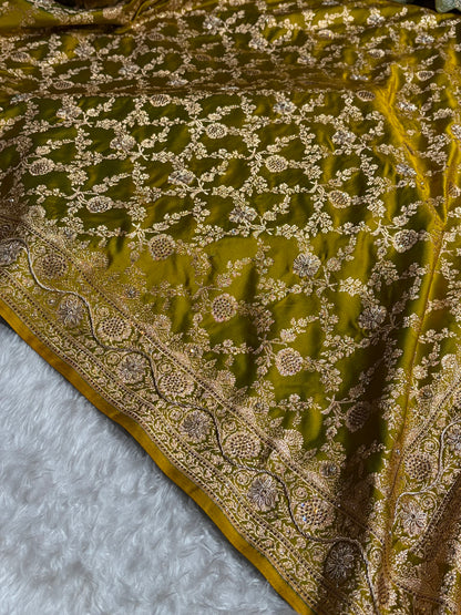 Liril Mahndi Shades Jaal Floral Pattern With Zardozi And Swarovski Stone Work Satin Katan Silk Saree BSK80