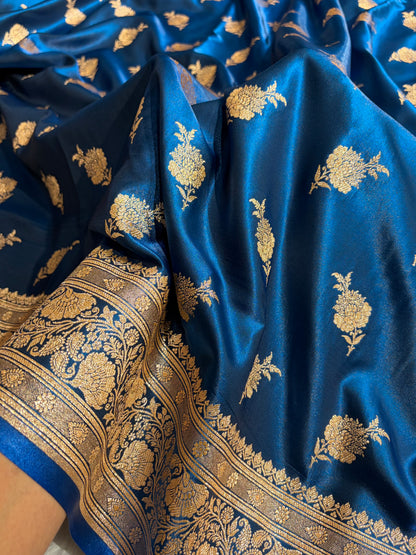 Satin Silk Saree Floral Boota in German Blue Shades SS26