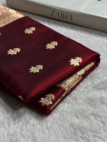 Maroon Shades Minakari Boota Pattern Banarasi Satin Silk Saree SS44