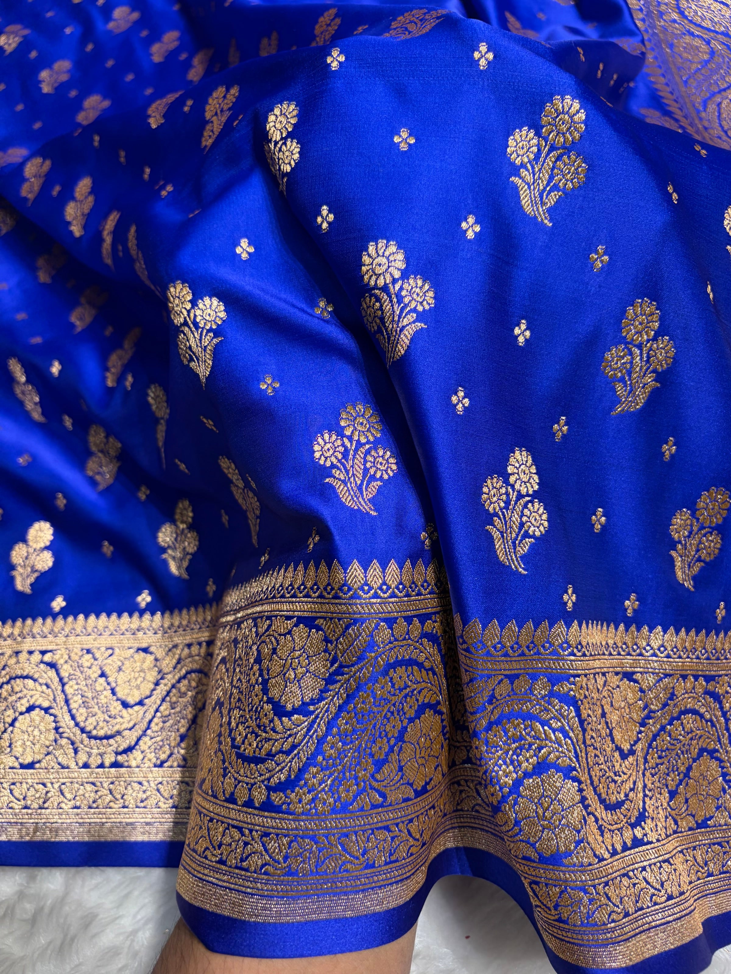 Royal Blue Floral Unique Boota Pattern Satin Katan Silk Saree SK73
