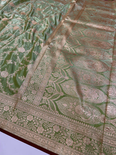 Ultra Light Weight Satin Silk Jaal in Light Pista Shades SS14