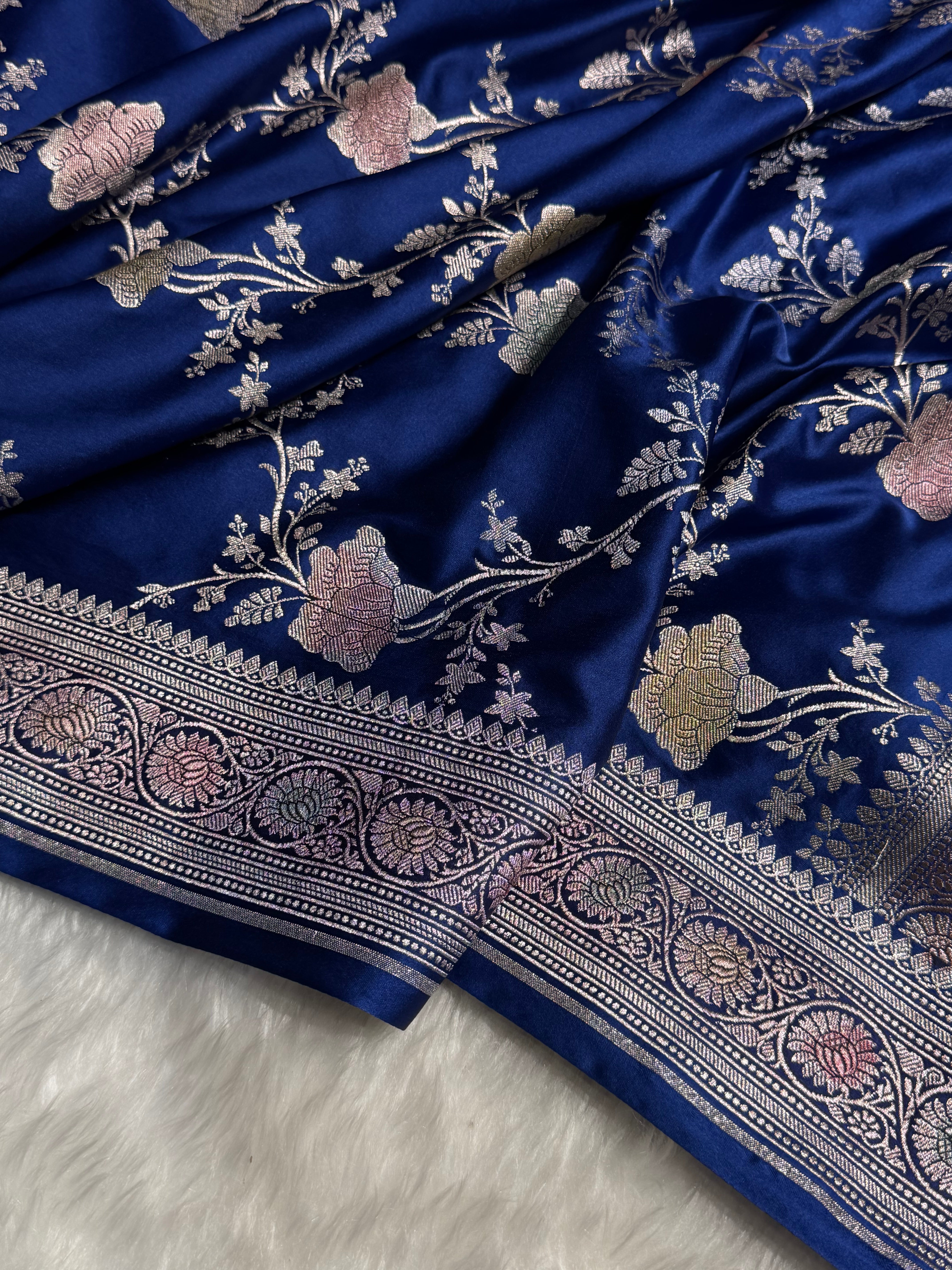 Banarasi Royal Blue Shades Jaal With Minakari Mashru Silk Saree