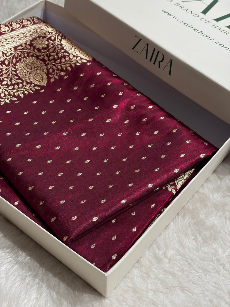 Satin Silk Saree Floral Boota in Garnet Shades SS28