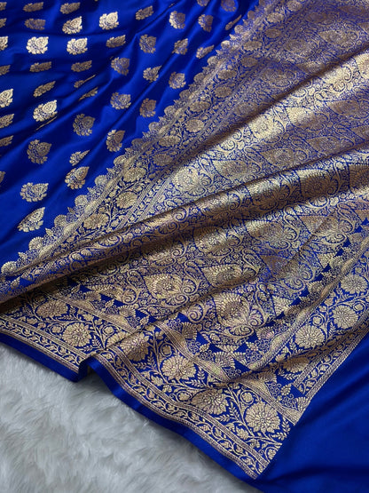 Royal Blue Floral Boota Pattern Satin Katan Silk saree SK45