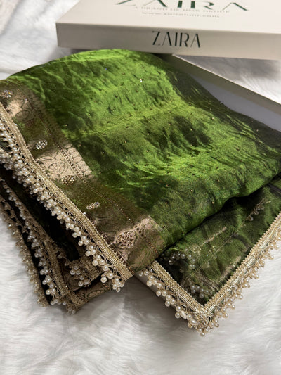 Mehandi Shades Pure Tissue Silk With Banarasi Swarovski Work Saree with Brocade Blouse BPGPT-09