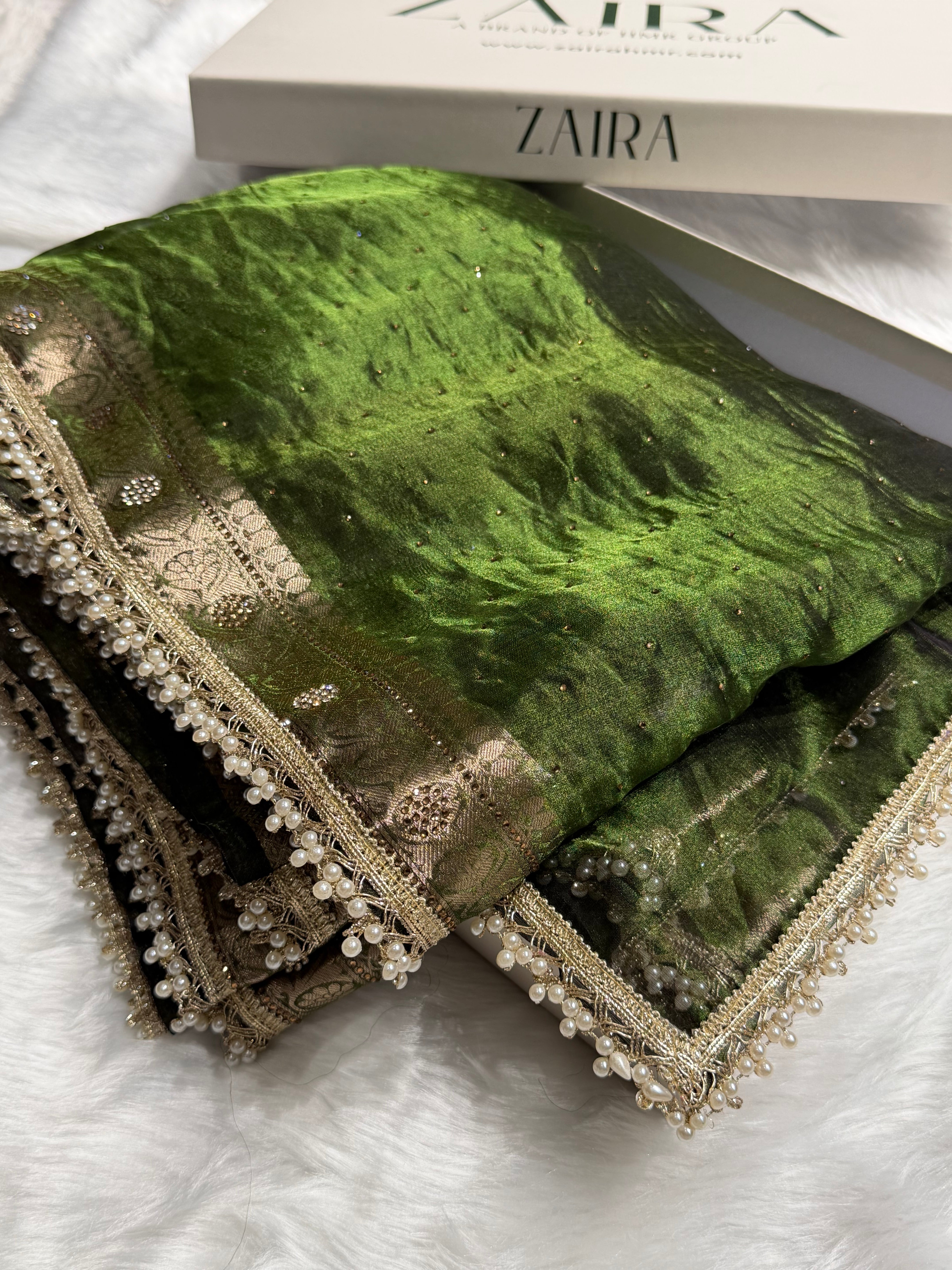 Mehandi Shades Pure Tissue Silk With Banarasi Swarovski Work Saree with Brocade Blouse BPGPT-09