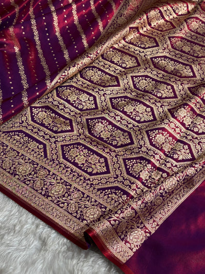 Banarasi Magentic Red Shades Cross Pattern Banarasi Satin Silk Saree SS61