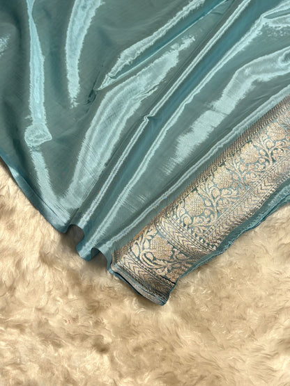 Powder Blue Shades With Contrast Border Crepe Silky Katan Banarasi Saree CSK-04