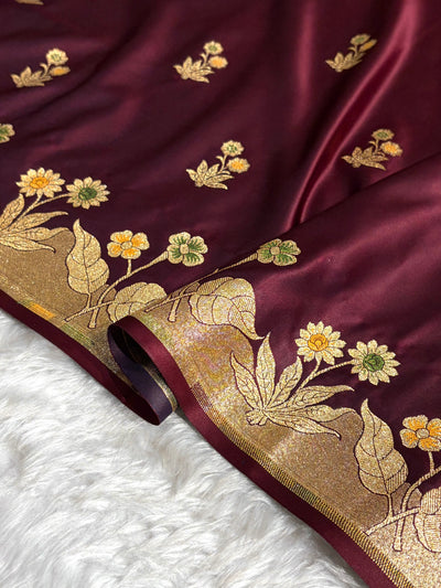 Banarasi Satin Katan Saree Minakari Booti Pattern in Garnet Shades SK139
