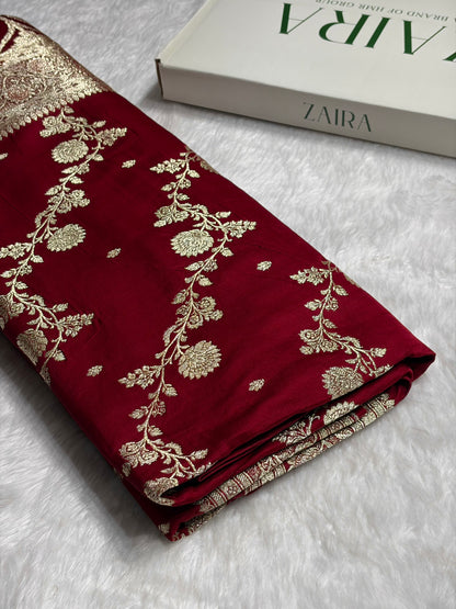 Maroon Katan Silk Saree In Cross Floral Motif