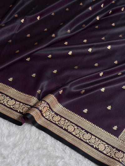 Banarasi Satin Katan Saree With Booti Pattern in Dark Wine Shades SK125