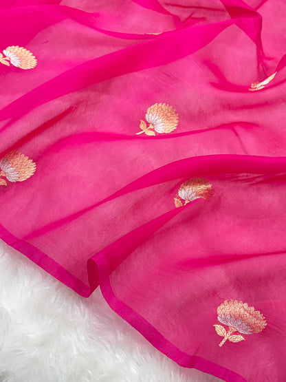 Pure Banarasi Organza Rani Shades With Minakari Floral Banarasi Silk Saree PO-23