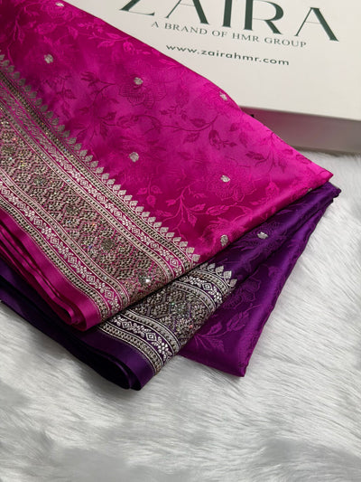 Ombre Purple - Pink Tanchoi With Swarovski Work Floral Mashru Silk Saree BMCS59