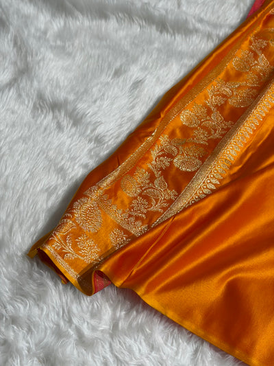 Banarasi Fanta Orange Shades Floral Pattern Satin Katan Silk Saree SK77