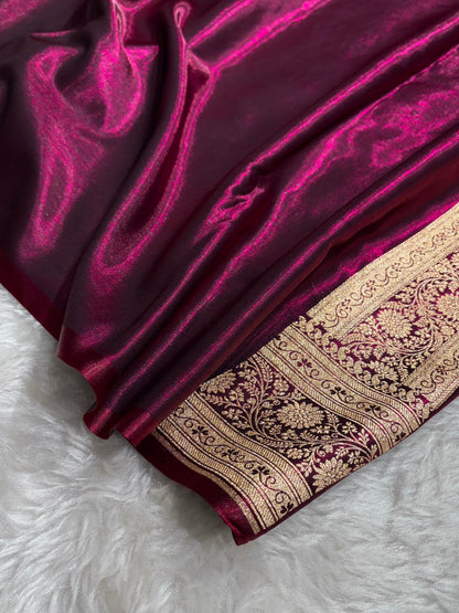 Wine Shades Cross Pattern Banarasi Satin Silk Saree SS40