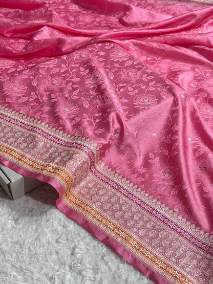 Baby Pink Shades Minakari Tanchoi Floral Booti Mashru Silk Saree MS59