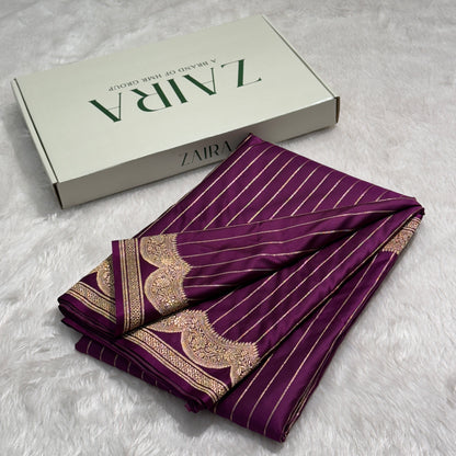 Purple Scallop Strip Mashru Silk Banarasi Saree MSS1