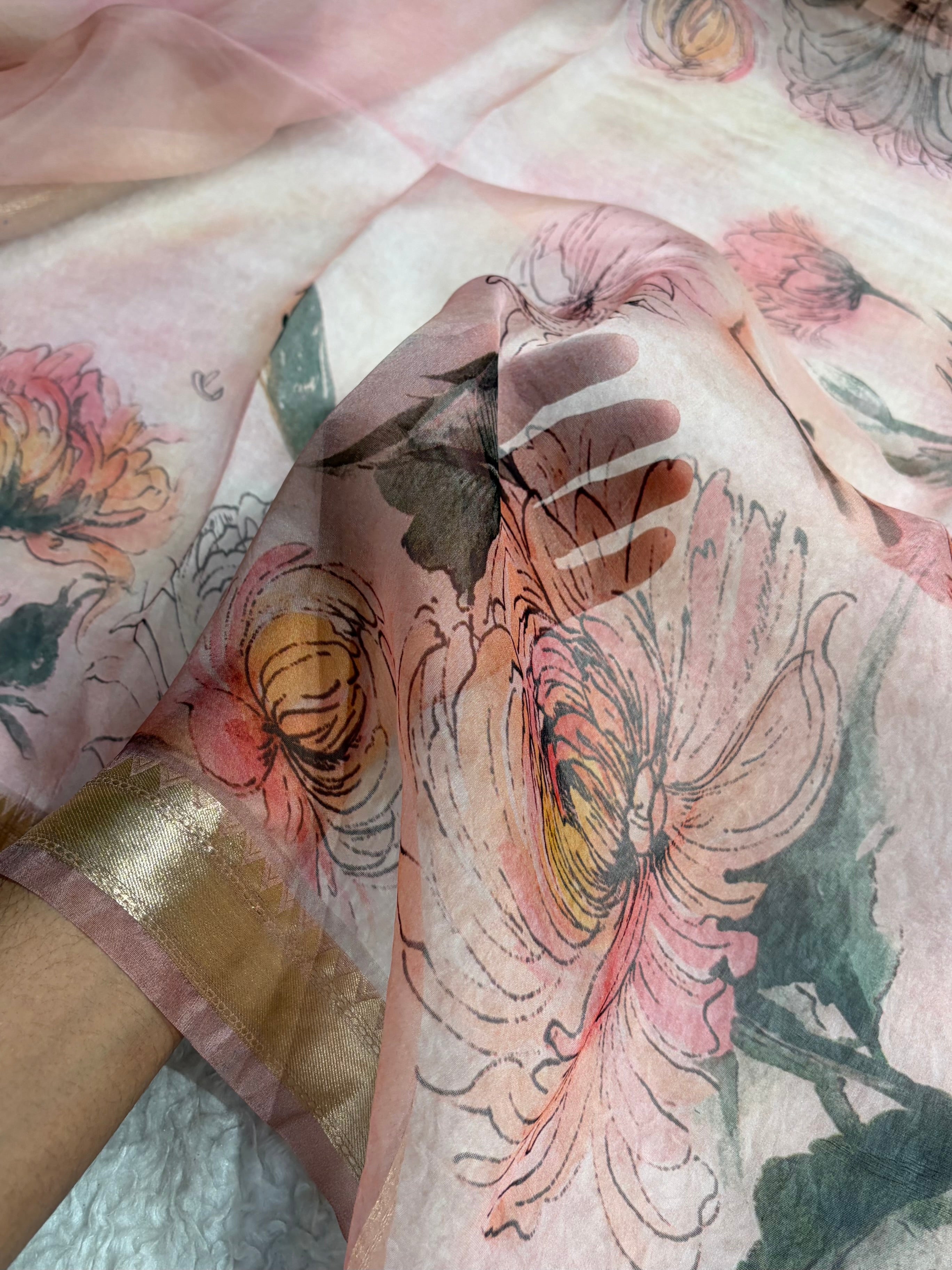 Organza with Pastel Multicolor Florals & Gold Zari Border POP19