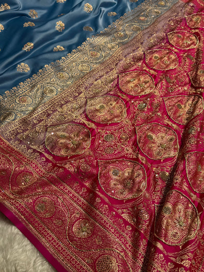 Dusty Blue - Rani Banarasi Boota With Zardozi & Swarovski Work Katan Silk Saree BSKM29