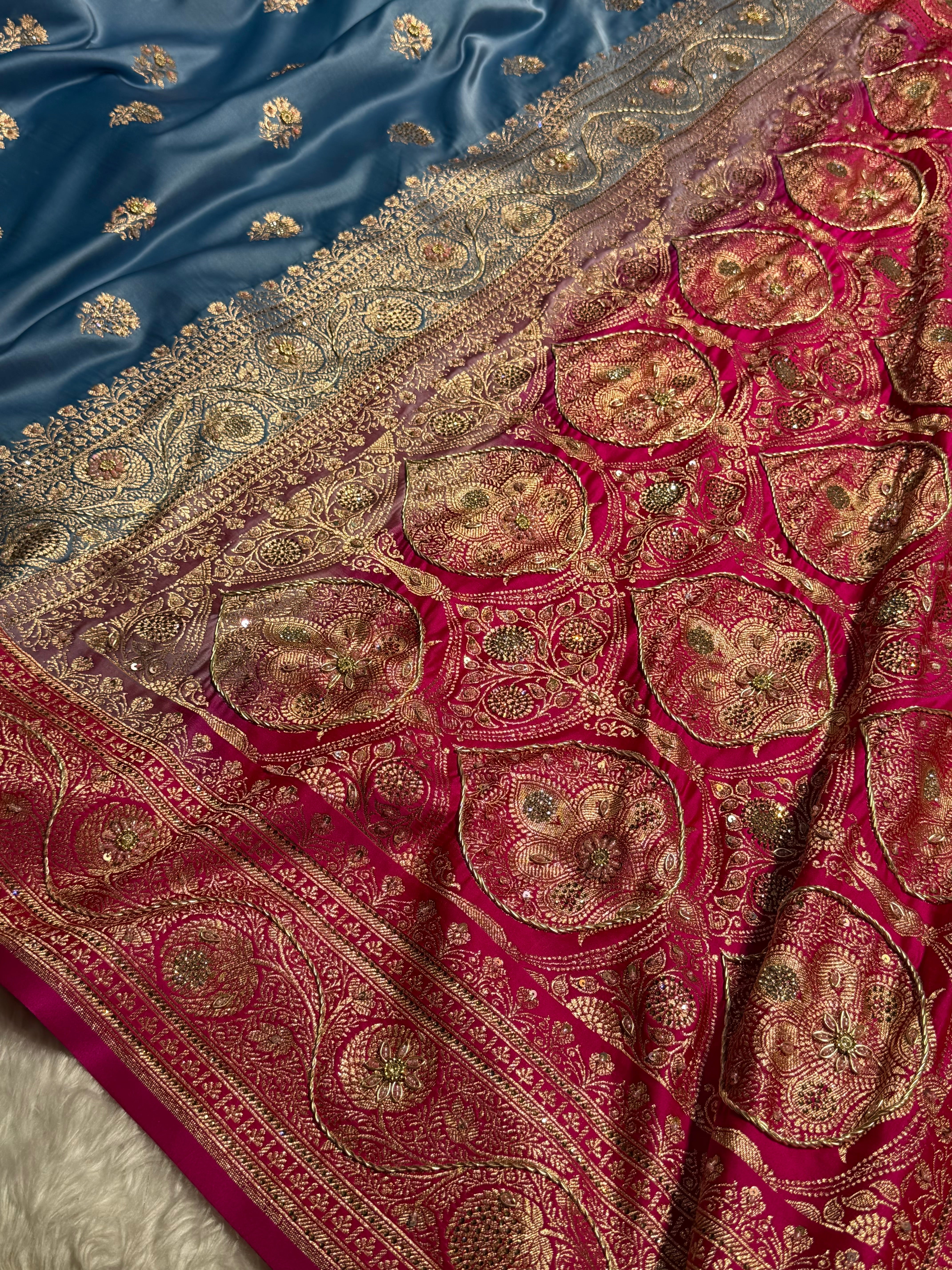 Dusty Blue - Rani Banarasi Boota With Zardozi & Swarovski Work Katan Silk Saree BSKM29