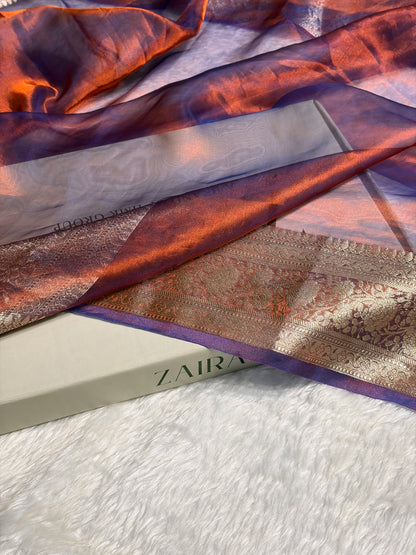 Rusty Royal Blue Shades Pure Tissue Silk Saree with Brocade Blouse PT-08