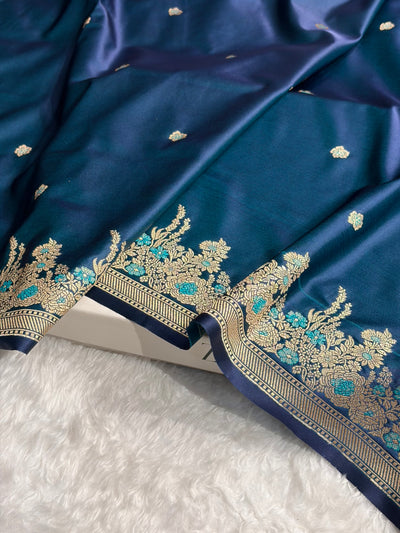 Banarasi Satin Katan Saree Booti Minakari Pattern in German Blue Shades SK136