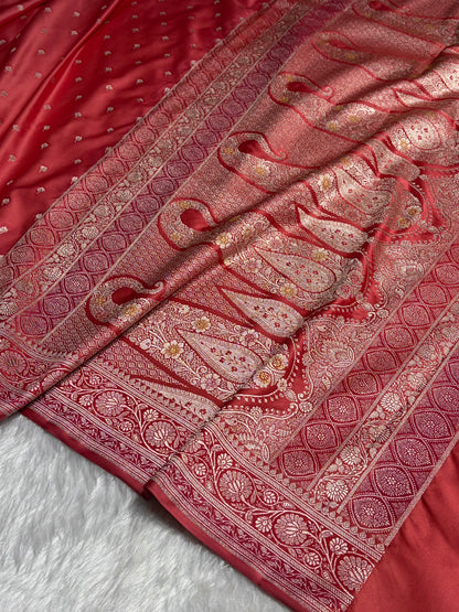 Rusty Peach Shades With Contrast Border Booti Mashru Silk Saree MS78