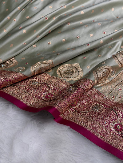 Mehandi Wine Contrast Booti With Ari & Zardozi Work Satin Katan Silk saree BSK29