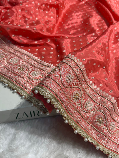 Pastel Orange Crepe Silk Katan With Zardozi and Gotta Patti Work Banarasi Saree BCSK-02