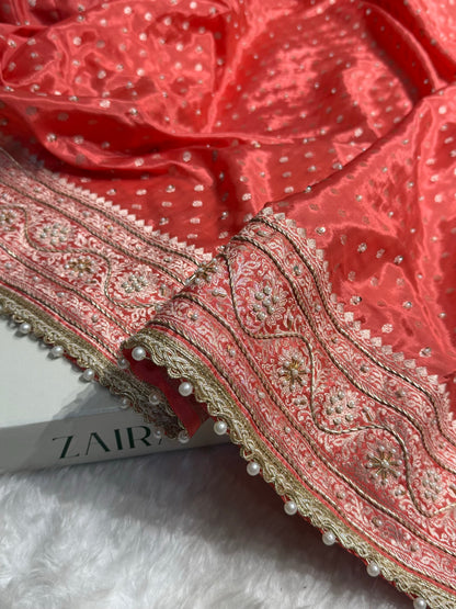 Pastel Orange Crepe Silk Katan With Zardozi and Gotta Patti Work Banarasi Saree BCSK-02