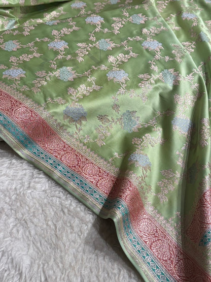 Light Pista Shades Minakari Jaal Pattern Mashru Silk Saree MS57