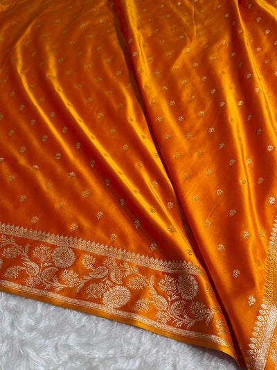 Banarasi Fanta Orange Shades Floral Pattern Satin Katan Silk Saree SK77