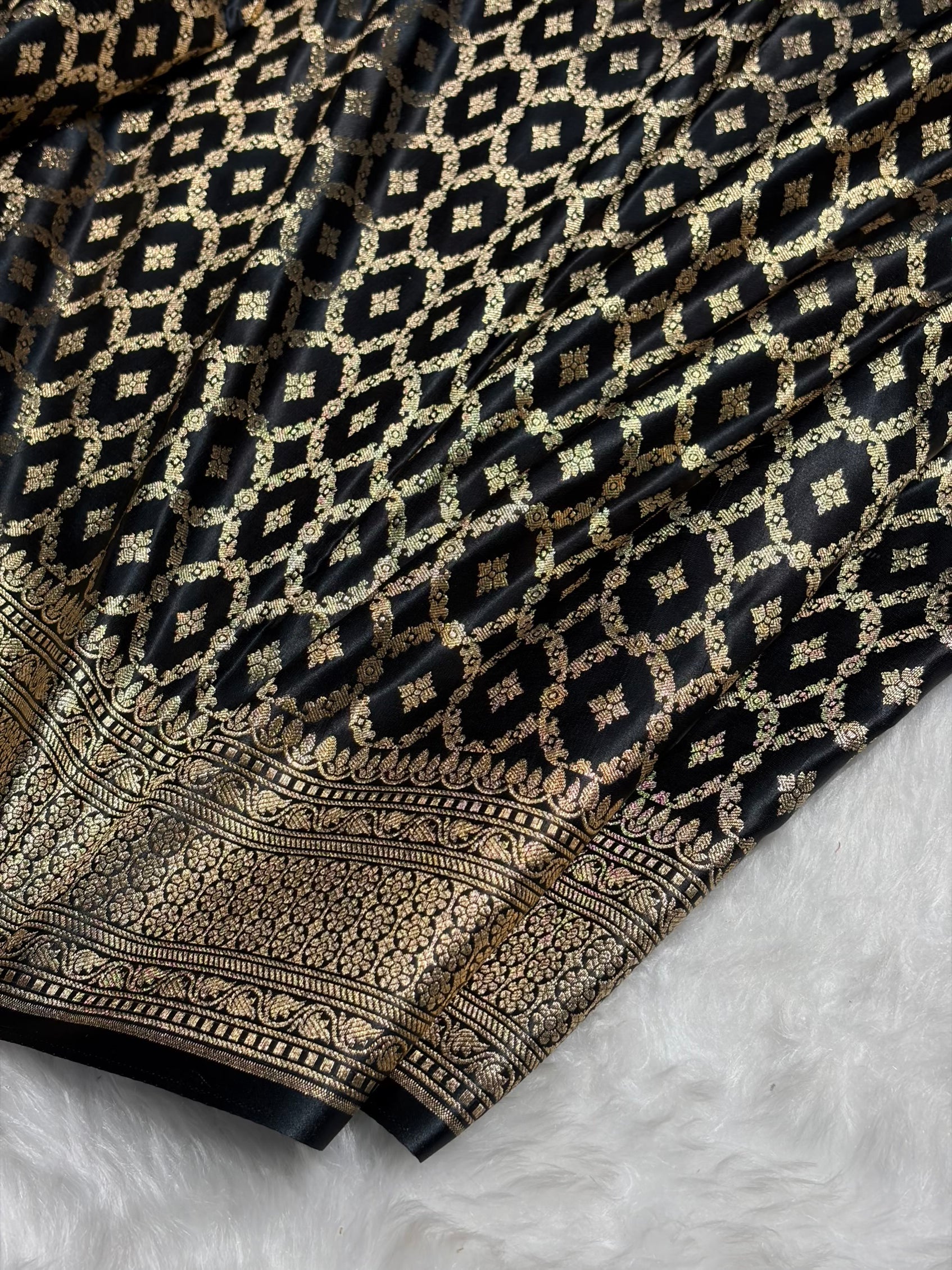 Mustard With Black Horizontal Strips Floral Border & Brocket Blouse Mashru Silk Saree MSM-84