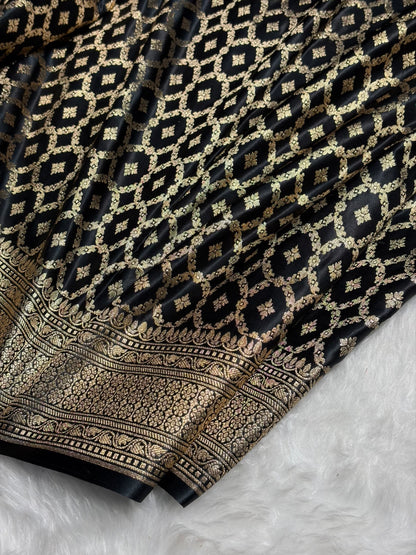 Mustard With Black Horizontal Strips Floral Border & Brocket Blouse Mashru Silk Saree MSM-84