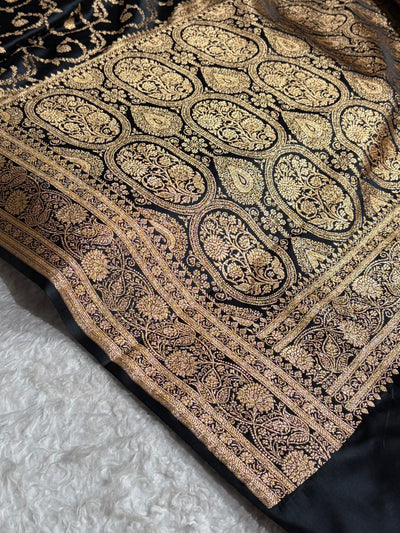 Black Floral Jaal Pattern Satin Katan Silk saree SK55
