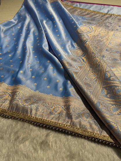 Powder Blue Satin Katan Silk Saree  With Gotta Patti SKGP11