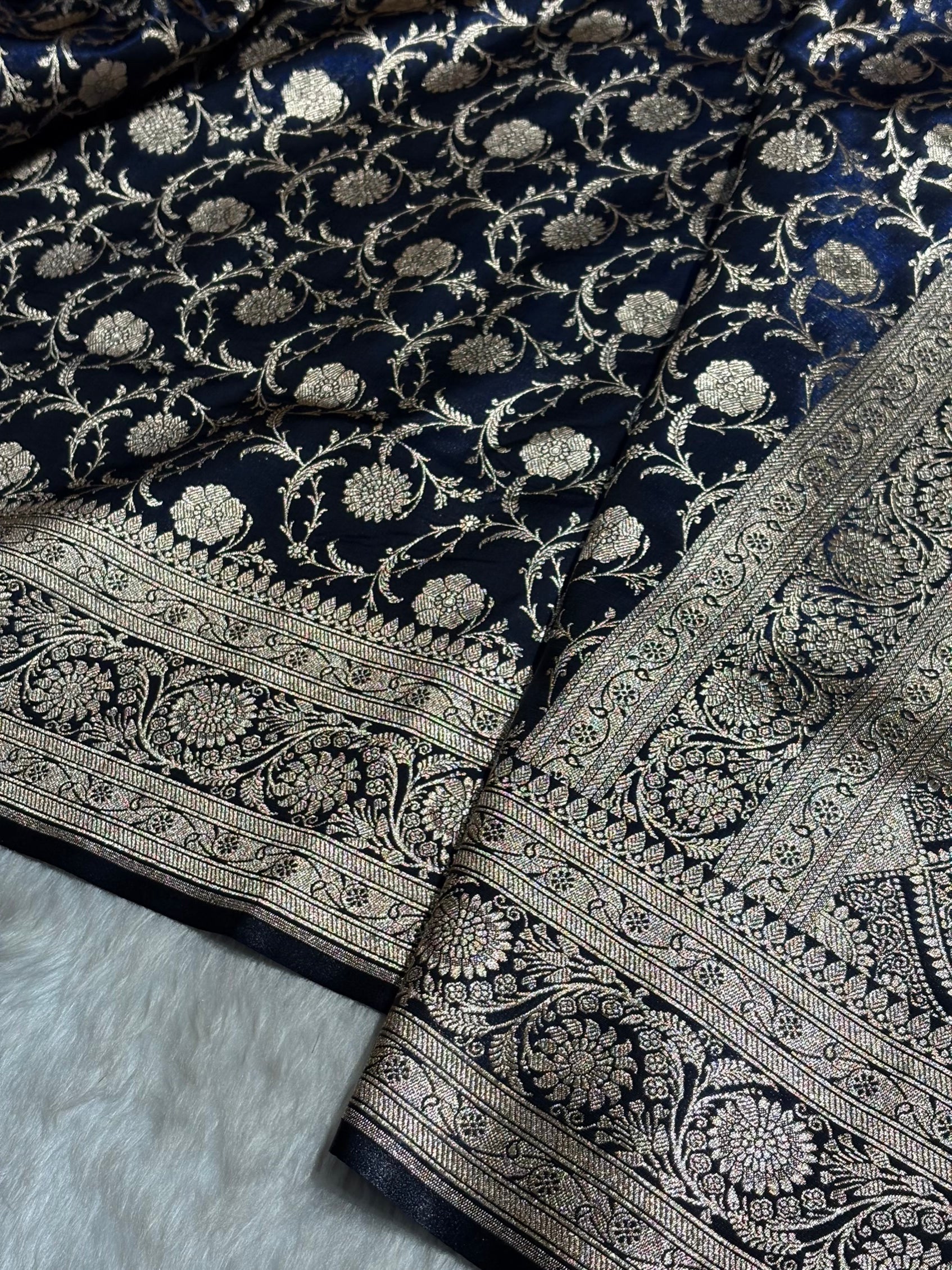 Ultra Light Weight Satin Silk Jaal in Dark Navy Blue Shades SS13