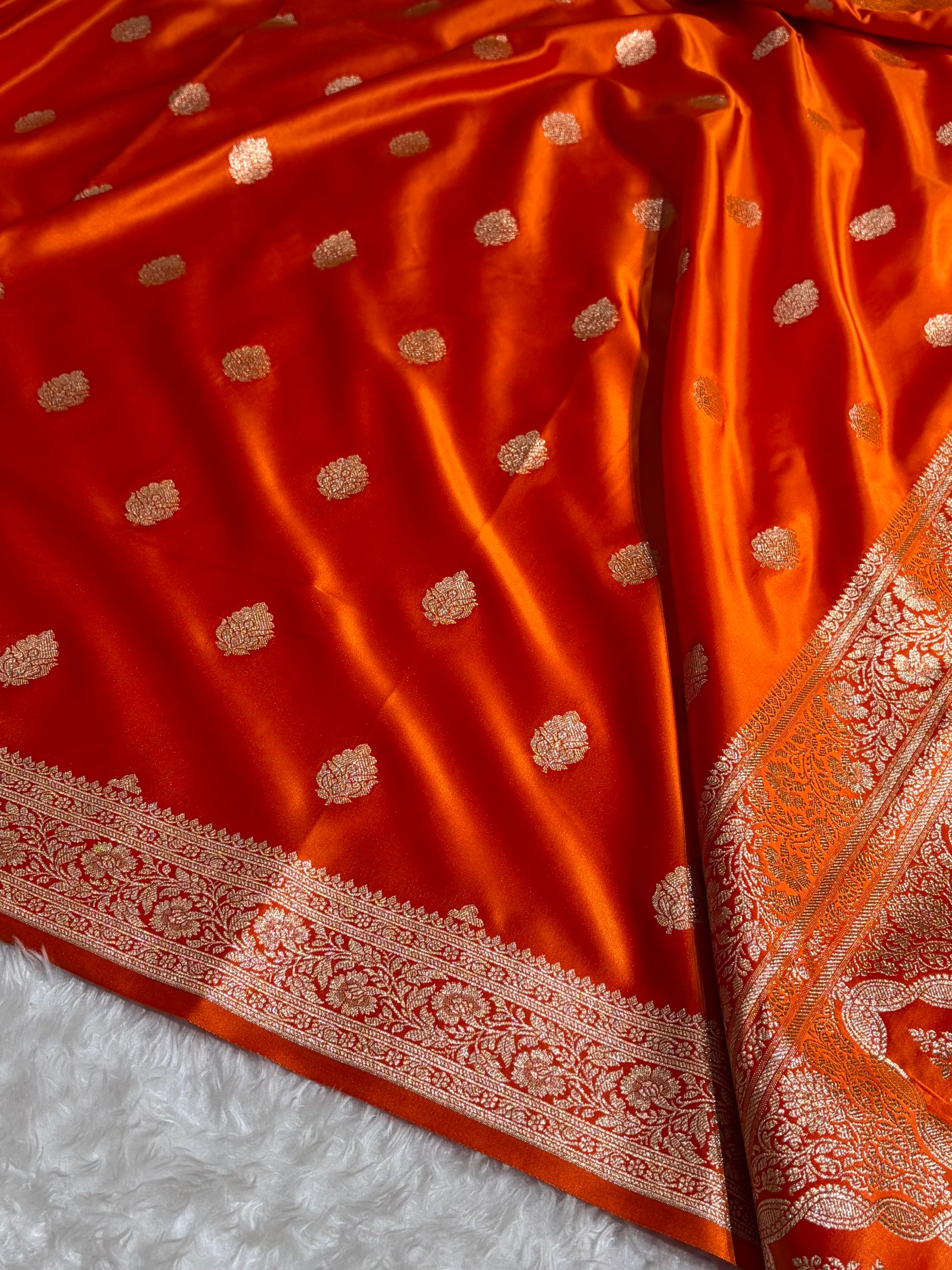 Banarasi Fanta Orange Booti Pattern Satin Katan Silk Saree SK65