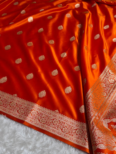 Banarasi Fanta Orange Booti Pattern Satin Katan Silk Saree SK65