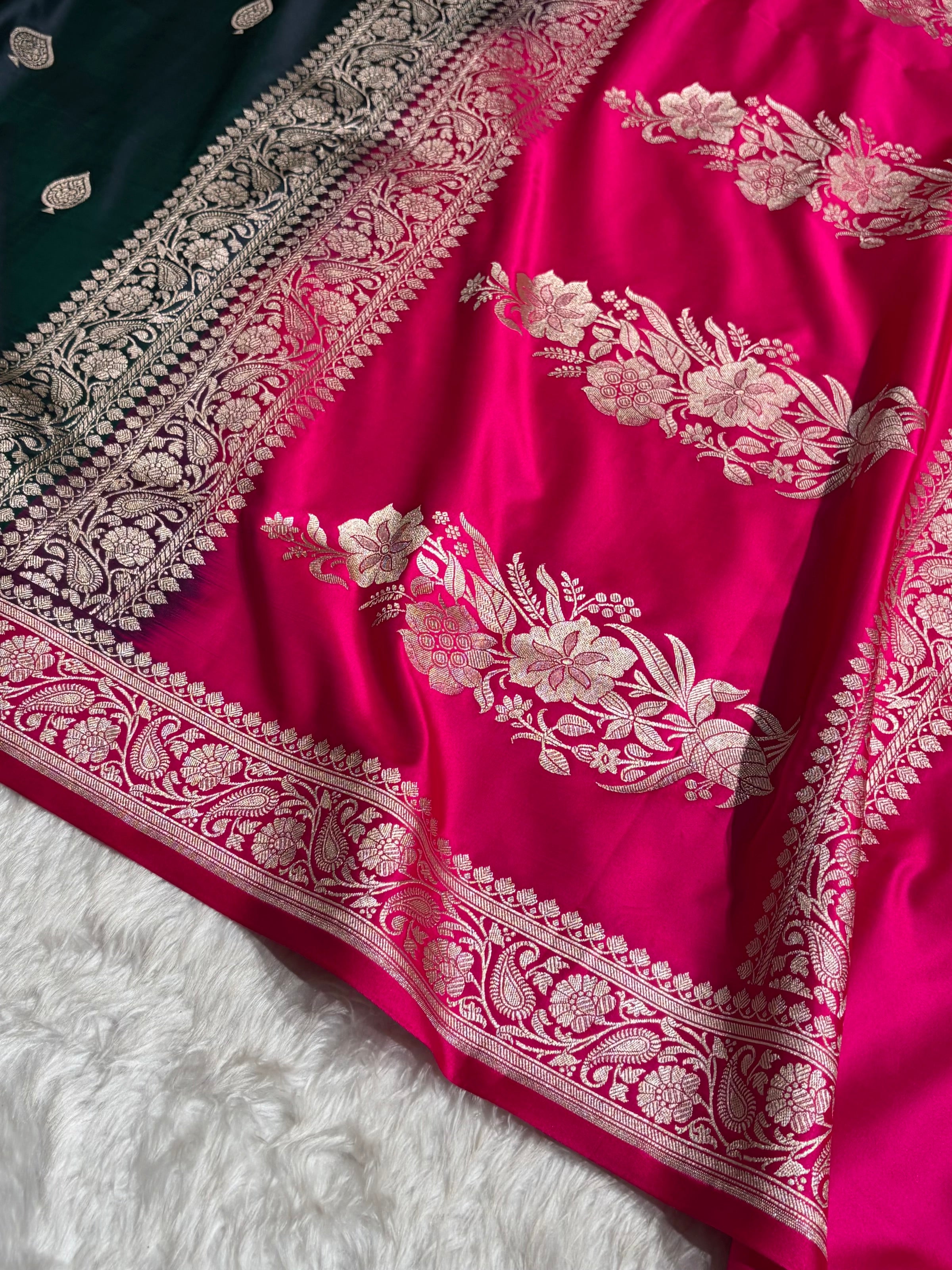 Contrast Dark Bottle Green / Rani Shades Banarasi Booti Pattern Mashru Silk Saree MSM-140