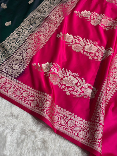 Contrast Dark Bottle Green / Rani Shades Banarasi Booti Pattern Mashru Silk Saree MSM-140