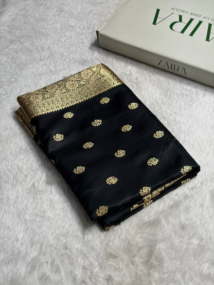 Black Floral Boota Pattern Satin Katan Silk Saree SK72