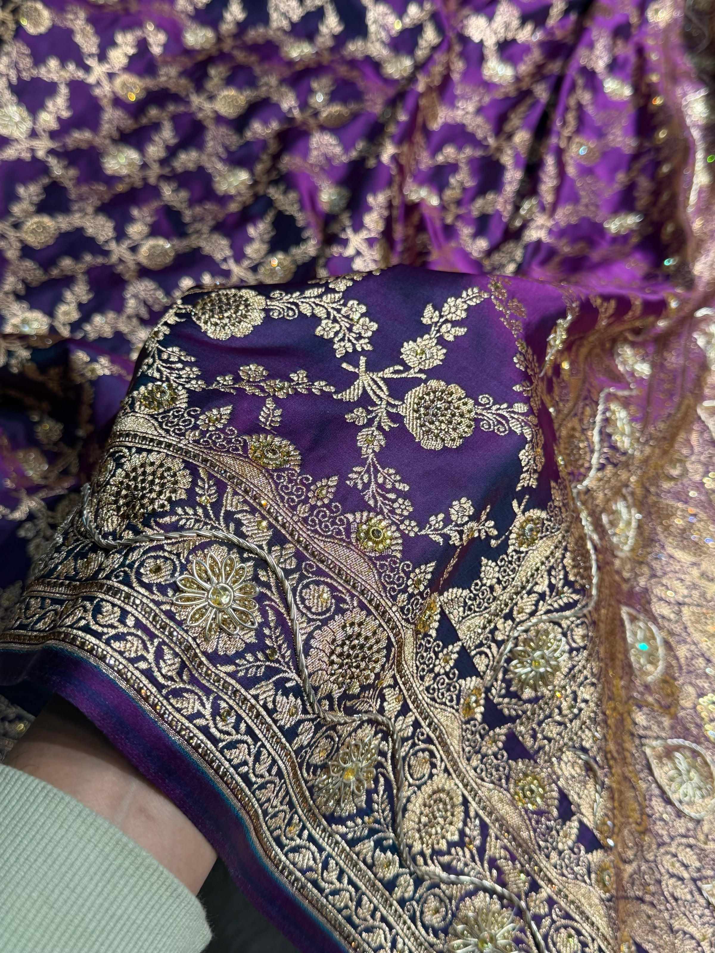 Wine Shades Jaal Floral Pattern With Zardozi And Swarovski Stone Work Satin Katan Silk Saree BSK80