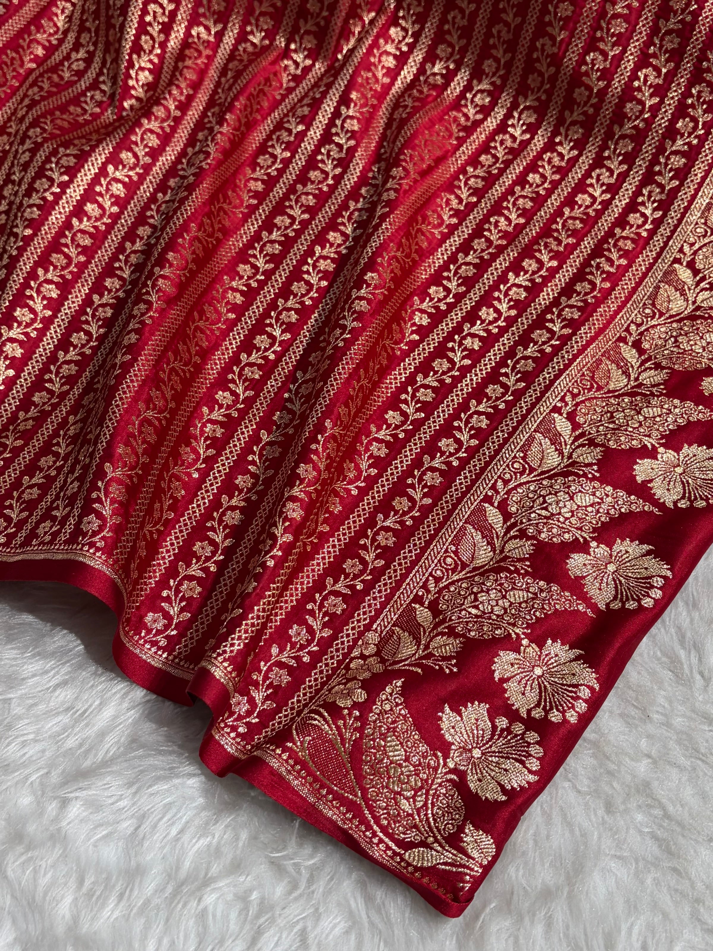 Banarasi Satin Katan Saree Plain With Floral Border Pattern in Red Shades SK140