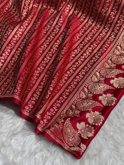 Banarasi Satin Katan Saree Plain With Floral Border Pattern in Red Shades SK140