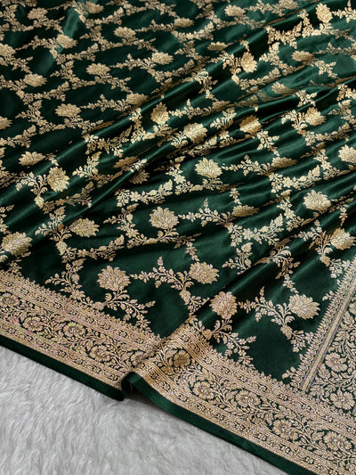 Banarasi Satin Katan Saree Floral Jaal Pattern in Dark Bottle Green Shades SK144