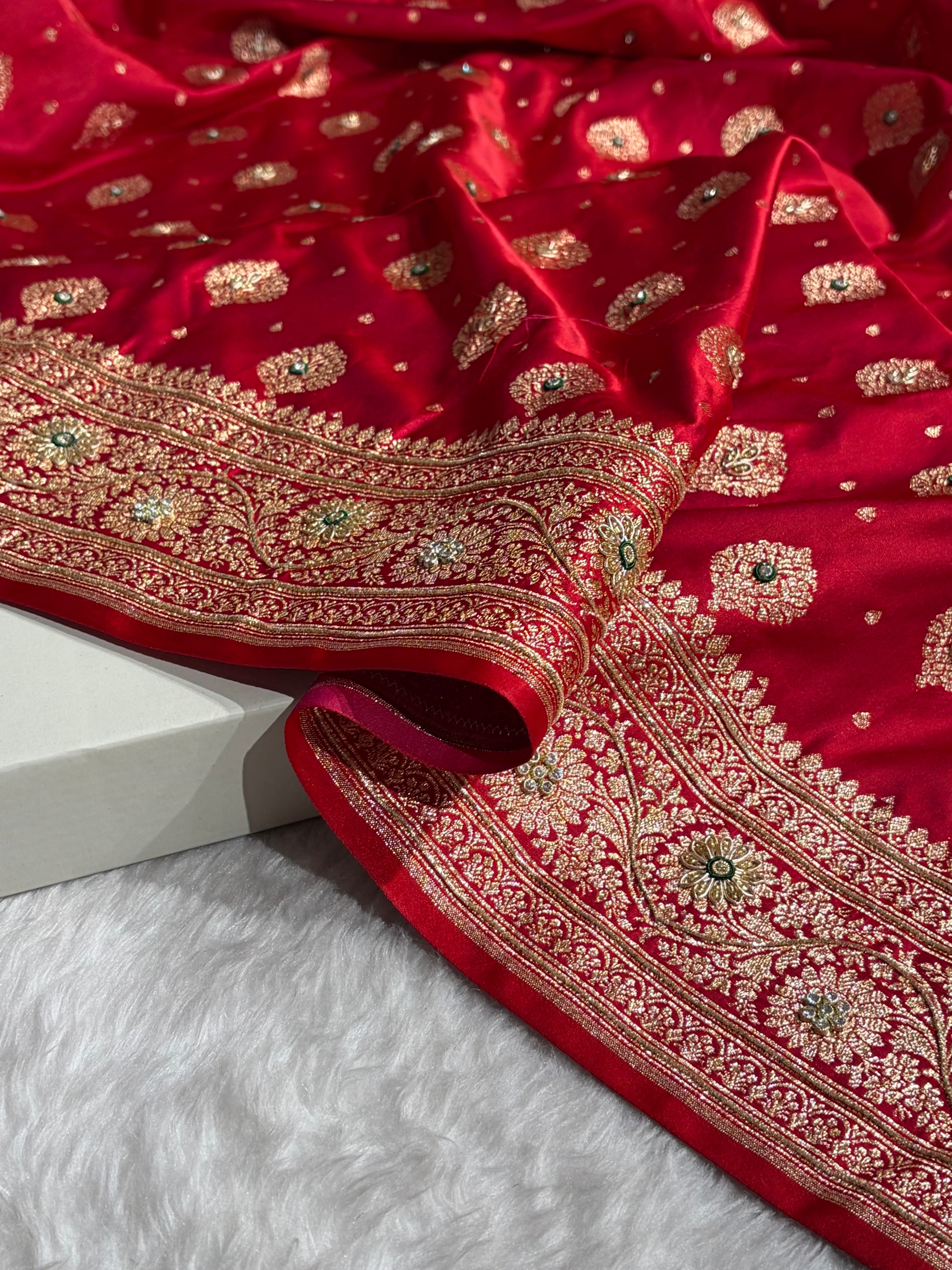 Bridal Red Unique Boota Pattern With Stone & Ari Work Satin Katan Silk Saree BSK69