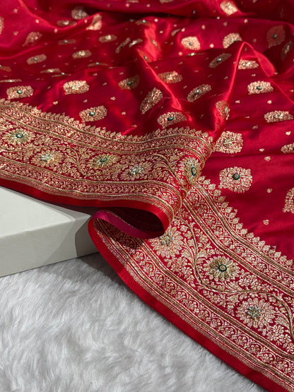 Bridal Red Unique Boota Pattern With Stone & Ari Work Satin Katan Silk Saree BSK69