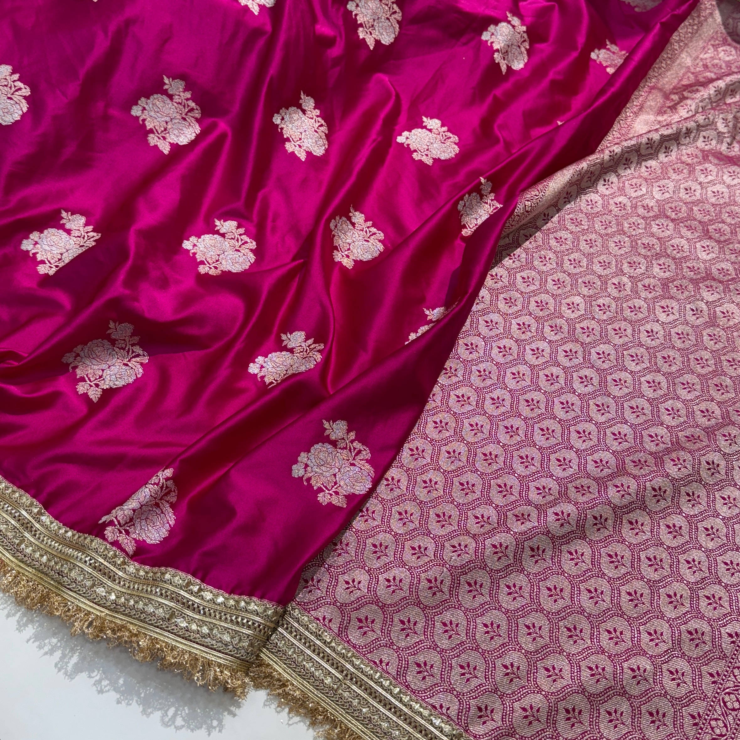 Gulabi Rani Pink Minakari Boota Mashru Silk Saree with gotta Patti