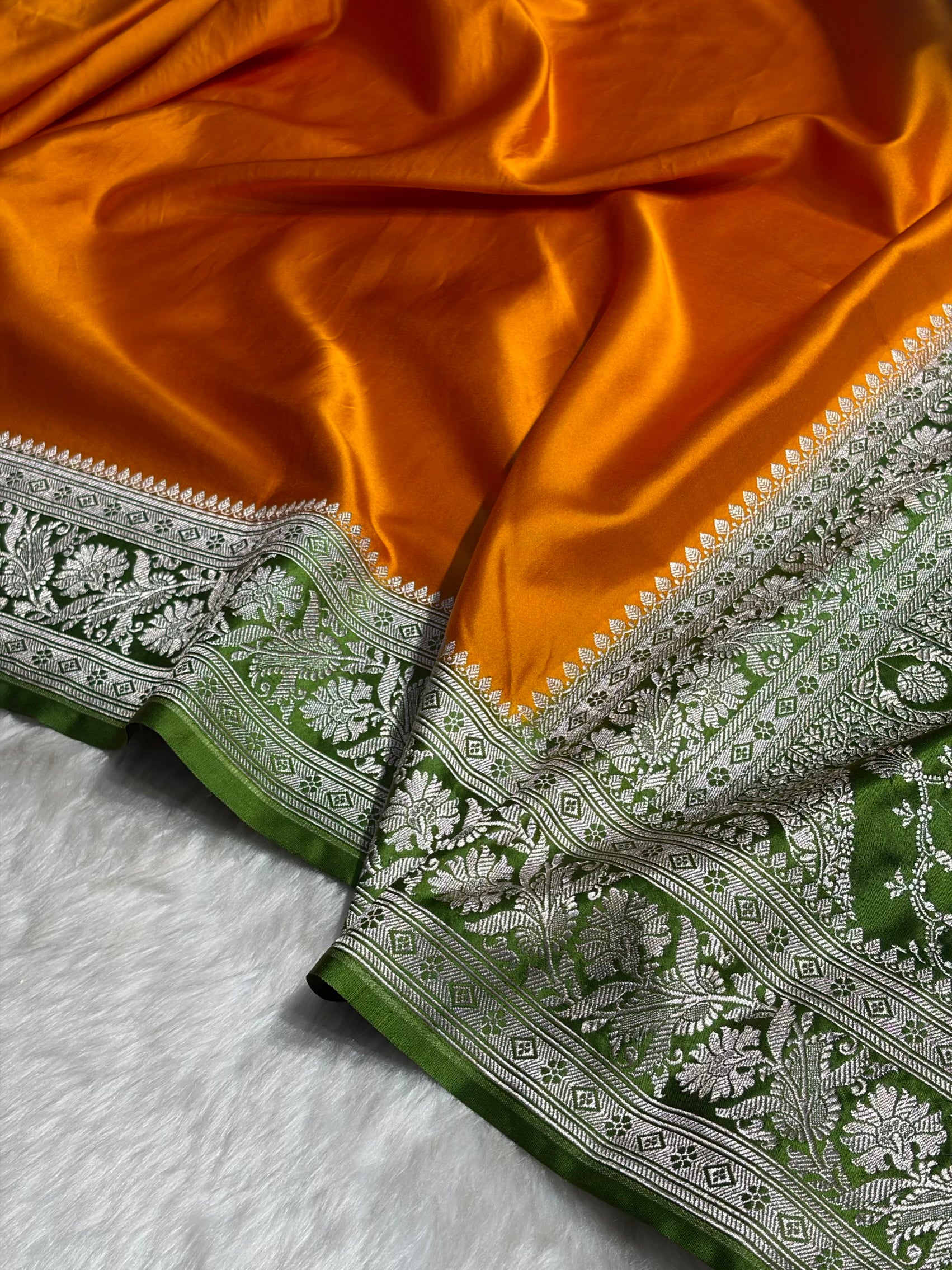 Contrast Orange with Green Border Plain Mashru Silk Saree MS22